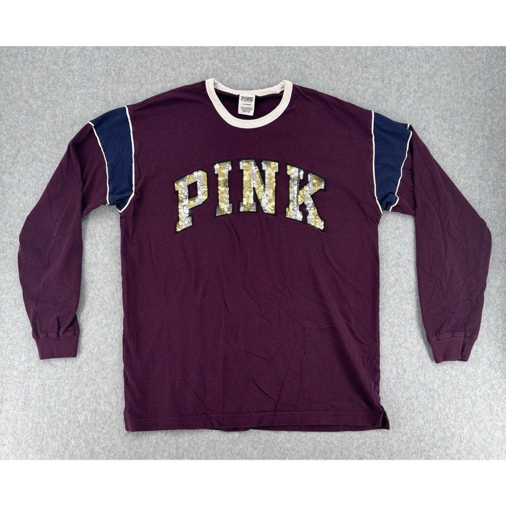 PINK Victoria's Secret Sequin Logo Long Sleeve Shirt Large Burgundy